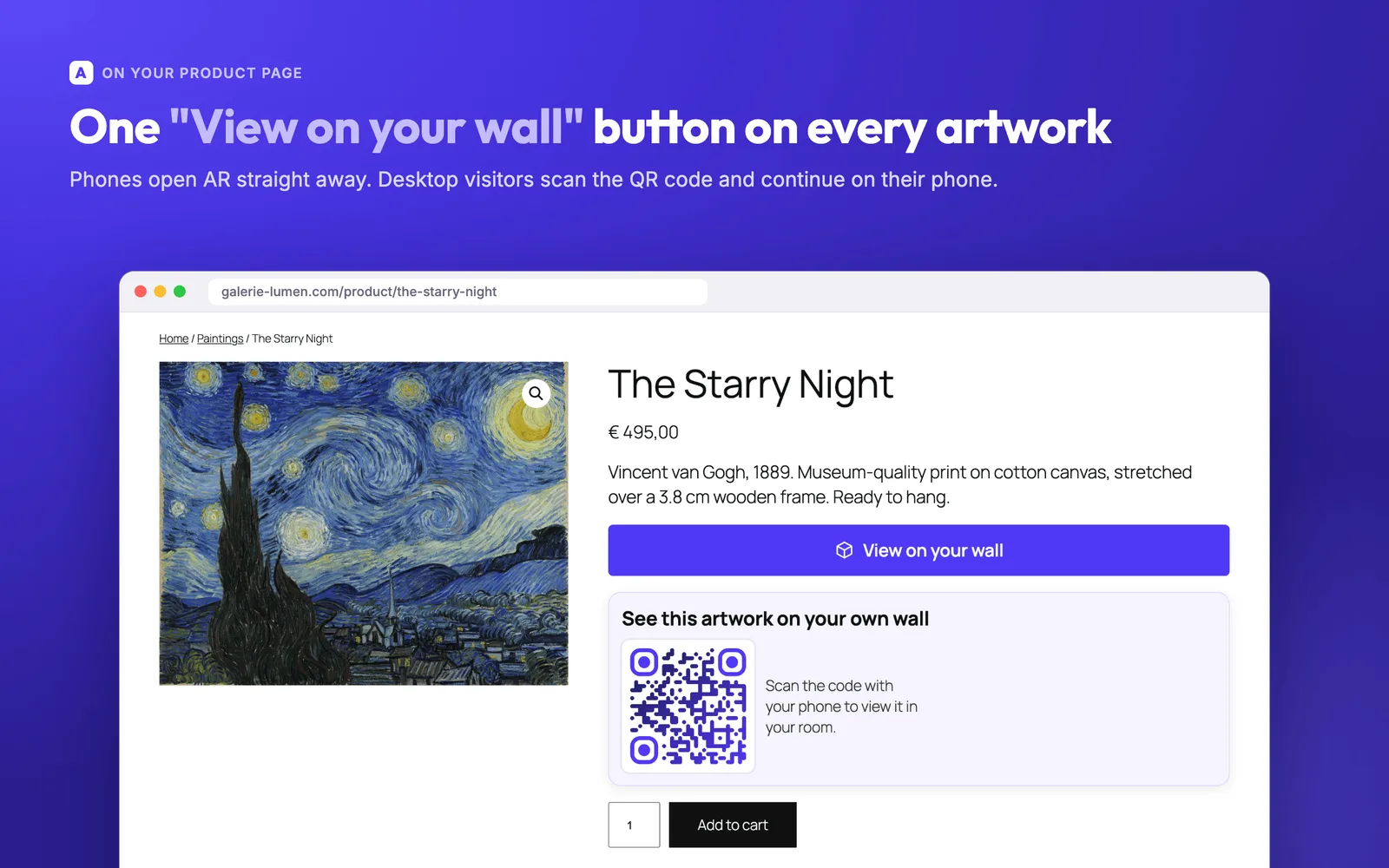 A WooCommerce product page with the ArtInAR button and QR code