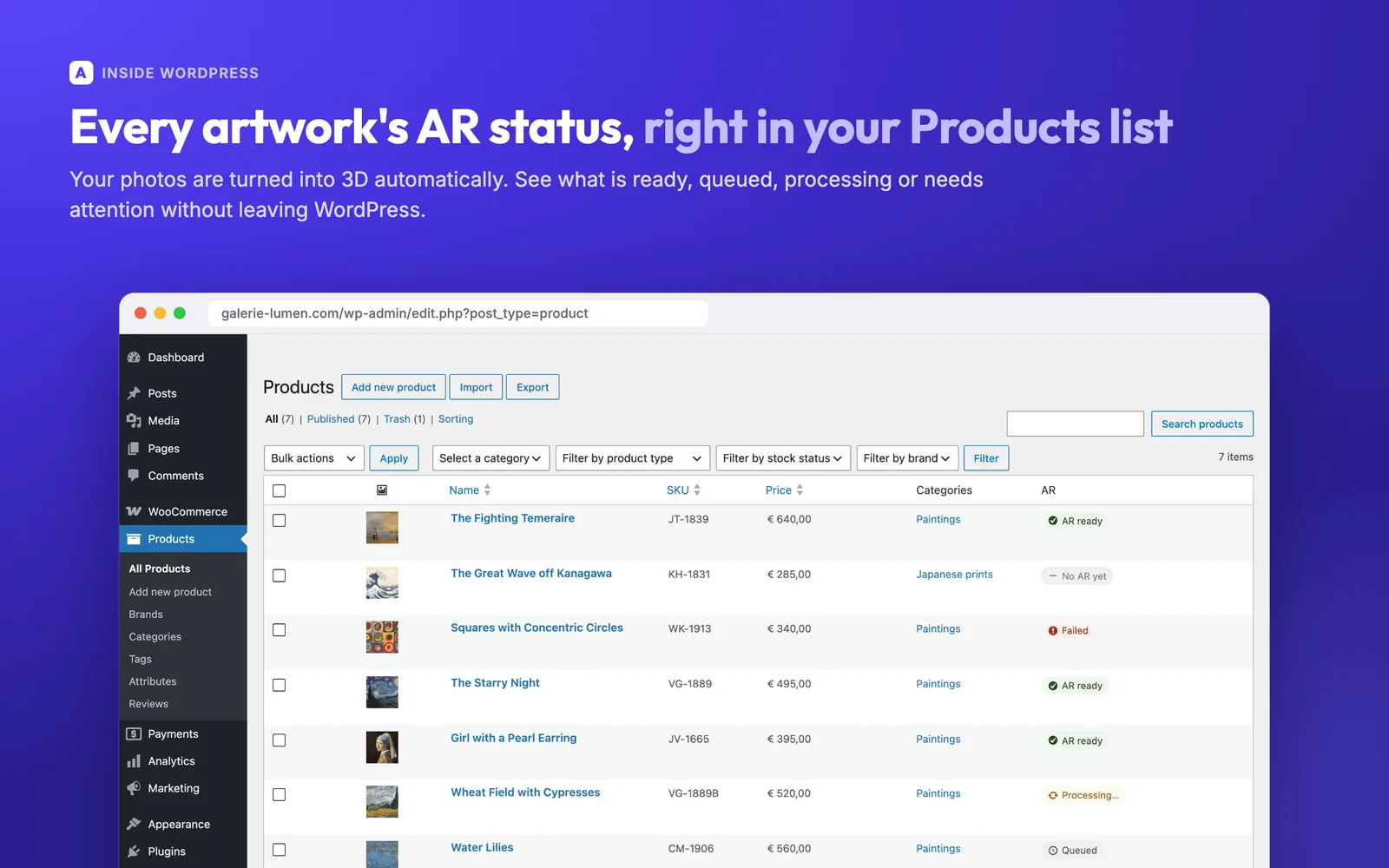 The AR status of each artwork in the WooCommerce Products list