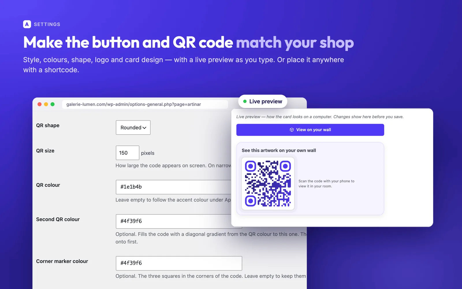 The ArtInAR settings with a live preview of the button and QR code