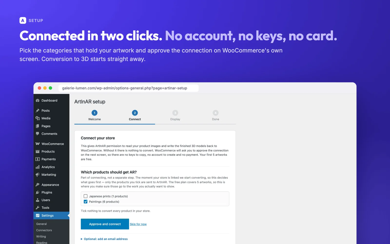 The ArtInAR setup wizard in the WordPress admin